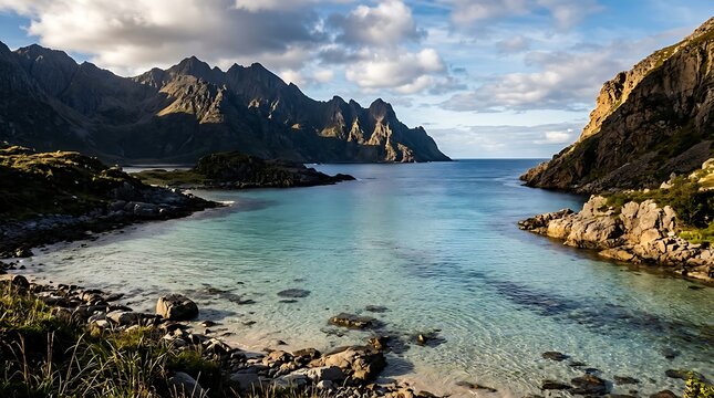 A serene coastal bay with turquoise water nestled between steep rocky mountains under a sky with surrounded steep mountain