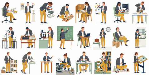 Fototapeta premium A diverse collection of professional characters performing various tasks in different career fields, from laboratory research to creative design and engineering.