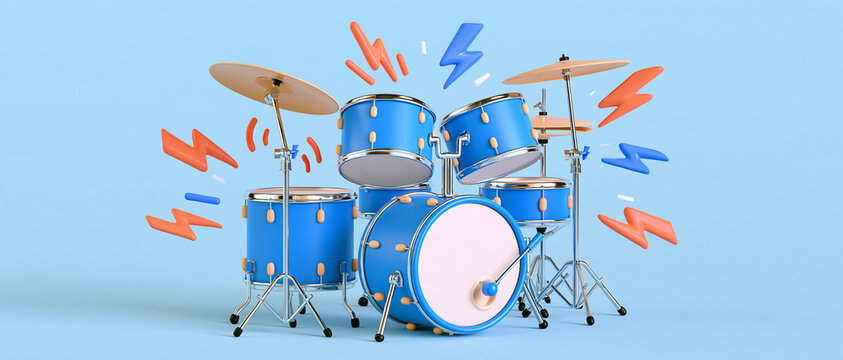 Blue drum set instrument setup on a clean light blue background