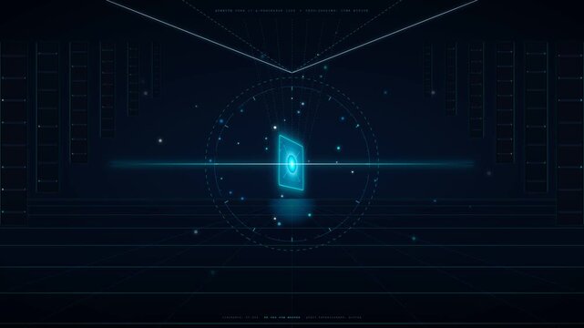 Abstract futuristic digital interface with a pulsating blue energy core evolving into a powerful data portal amidst a dark cyber grid background, surrounded by glowing HUD elements and technologica...