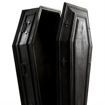 Open empty wooden coffin for halloween display