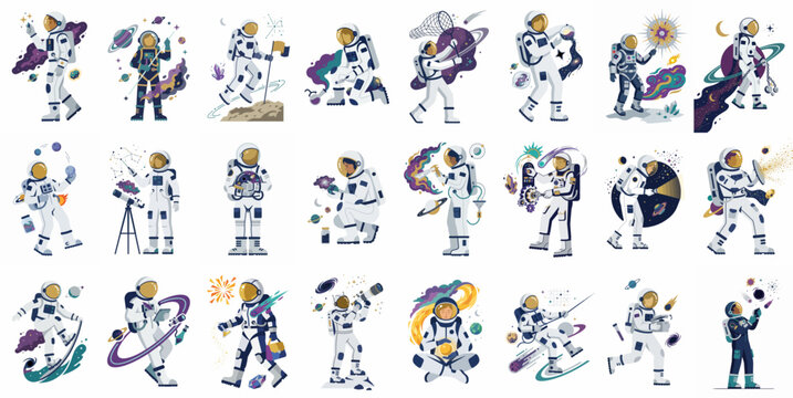Collection of diverse flat vector illustrations showing an astronaut exploring space, interacting with planets and stars, on a clean white background.