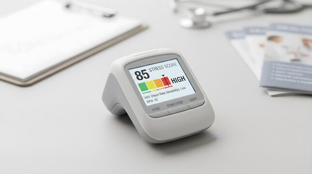 Stress measurement device on desk showing high stress score in modern healthcare environment