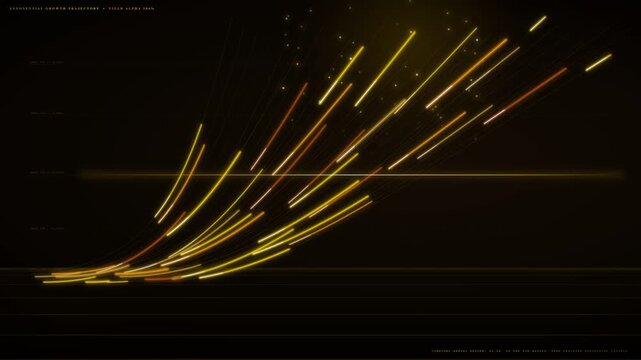 Dynamic abstract visualization of glowing golden and orange lines moving upwards and outwards against a dark background, depicting an exponential growth trajectory, financial success, and data anal...