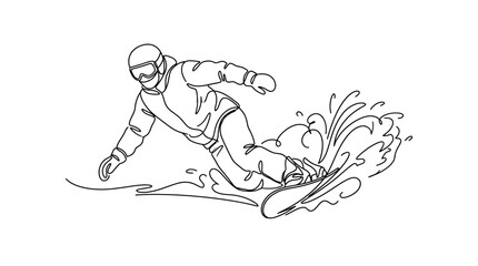 Fototapeta premium Continuous line art of a snowboarder performing a dynamic slide on snow