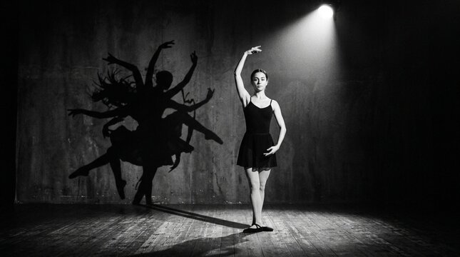 Ballerina dancing with dramatic shadow on stage under spotlight
