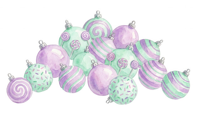 Watercolor illustration of pastel purple and green Christmas ornaments with candy patterns