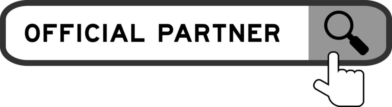 Search banner in word official partner with hand over magnifier icon on white background