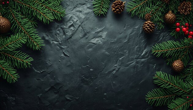 Christmas fir branches, pine cones and gold baubles on dark slate