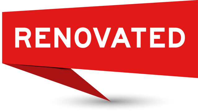Red color speech banner with word renovated on white background