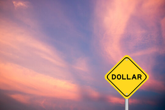 Yellow transportation sign with word dollar on violet color sky background