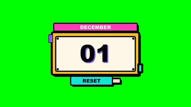 Animated calendar December to January 01 transition on green screen