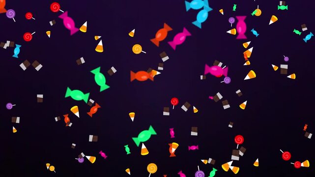 A cascade of colorful Halloween candies, including lollipops, candy corn, and sweets, falling against a dark, starry background
