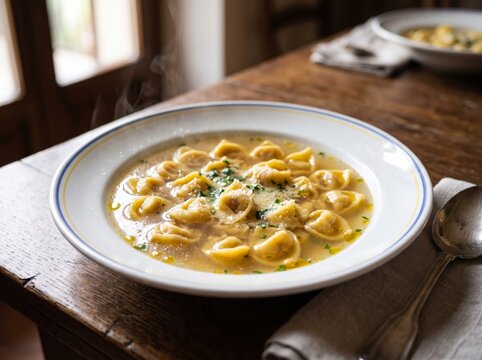 Steaming cappelletti in brodo served in a white bowl on a rustic wooden table