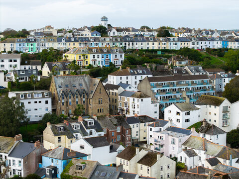 Aerial view above traditional Cornish houses and cottages in Falmouth, Cornwall, UK