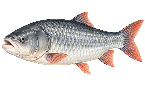Silver fish with red fins and scales illustration isolated on white