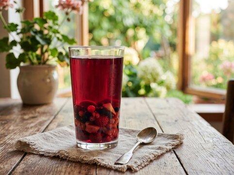 Red berry kompot drink in a glass on a rustic wooden table by a sunny window