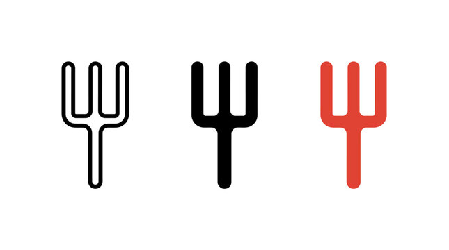Set of minimalist pitchfork icons in outline solid and color variations