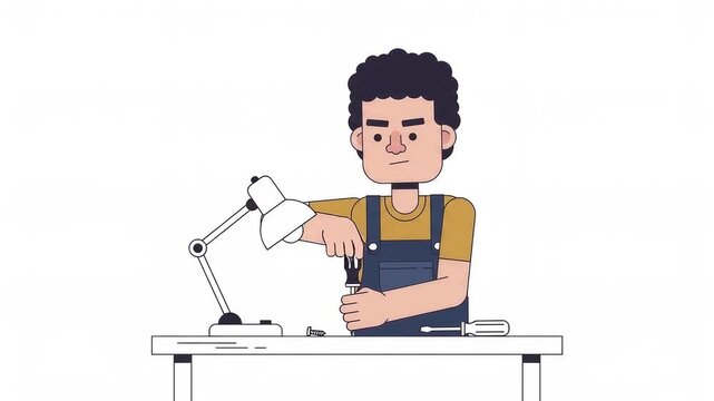 Person Repairing Desk Lamp Flat Vector Animation