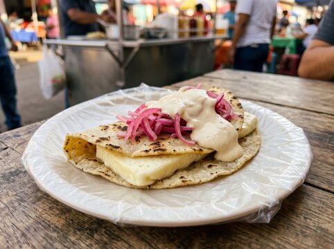 Nicaraguan quesillo featuring a thick slice of cheese folded in a soft tortilla topped with pickled onions and creamy sauce on a street stall