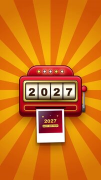 Retro machine spinning to show 2027 on orange sunburst background