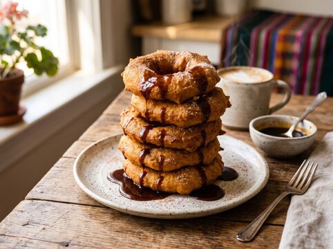 A stack of fresh peruvian picarones drizzled with dark chancaca syrup on a plate beside a cup of coffee