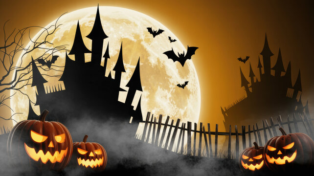 Halloween background with spooky castle, full moon, bats, and carved jack o lantern pumpkins