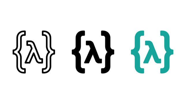 Lambda symbol and curly brackets design style vector icons collection set