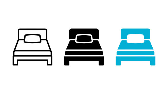 Set of single bed icons with pillows in outline, solid, and color styles