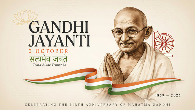Indian national holiday 2 October poster with man in namaste pose