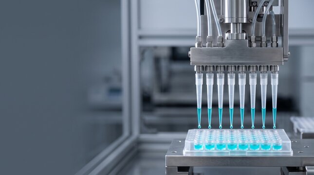 Automated liquid handling robotic system dispensing reagent into 96 well microplate in pharmaceutical laboratory