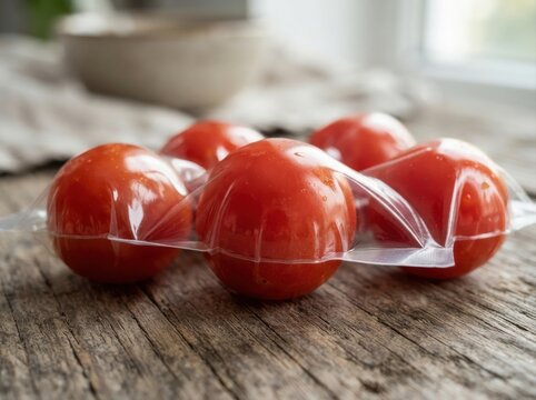 edible food packaging concept Six fresh tomatoes in clear plastic packaging on rustic wooden surface.