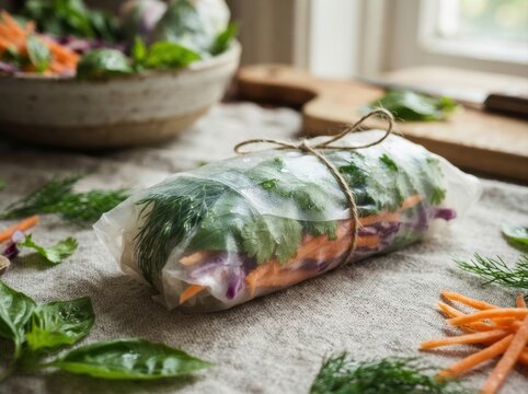 edible food packaging concept Fresh vegetable spring roll wrapped in rice paper and tied with twine.