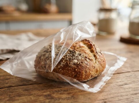 edible food packaging concept Rustic loaf of bread partially wrapped in clear plastic on wooden table