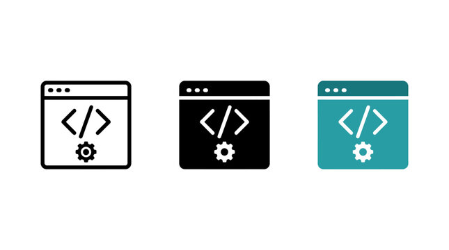Web development and software coding icon set with browser and gear symbol