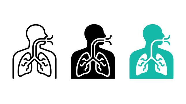 Wheezing icon set representing human respiratory system and lung function