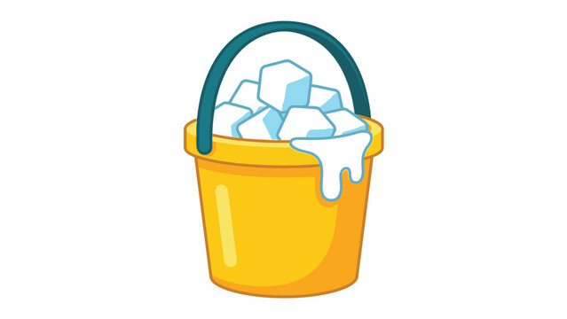 Bright yellow bucket filled with cold frozen ice cubes featuring a simple clean vector design