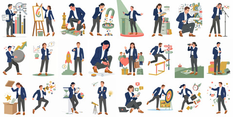 Fototapeta premium Comprehensive Business Concept Illustration Set Featuring Professional People in Various Workplace Metaphors for Success, Strategy, Growth, and Teamwork.