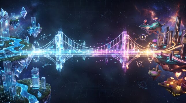 Surreal luminous cityscape with glowing bridges and waterfalls in a fantasy dimension cityscape luminous waterfall dimension illustration