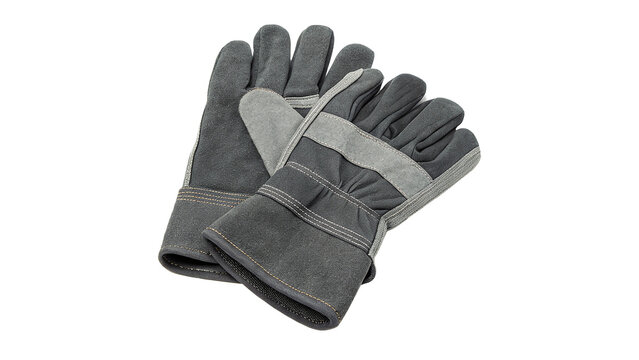 Pair of grey leather work gloves heavy duty isolated on transparent background