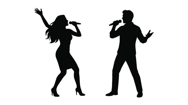 Man and woman singing karaoke with microphones in black silhouette style on a white background