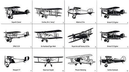 Historical military biplane aircraft collection featuring vintage World War One fighter airplanes for aviation history museum catalog design © MSTRAZINA