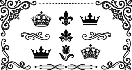 Royal heraldic design elements set with vintage crowns fleur de lis and black ornamental scroll frames for luxury invitations © MSTRAZINA