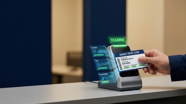 Person using credit card reader to visualize regulatory readiness for entering a new market compliance checkpoint