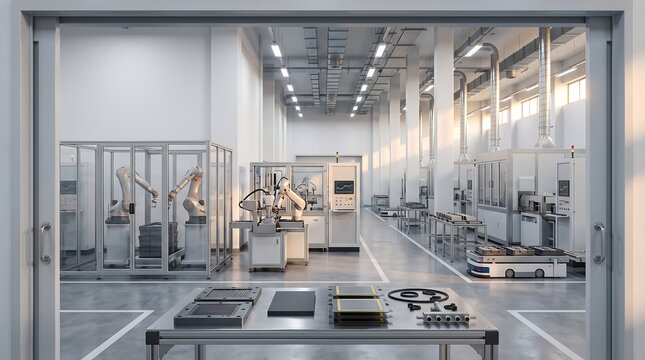 Modern factory floor with robotic arms and automated assembly lines viewed through a doorway high tech automated assembly interior industrial