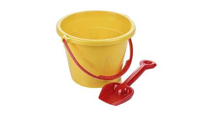 Kids yellow plastic toy bucket with red shovel on transparent background © Mia