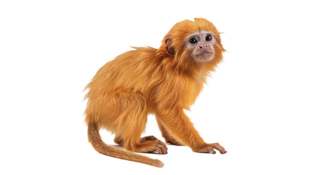 Small cute golden monkey tamarin animal sitting on transparent background