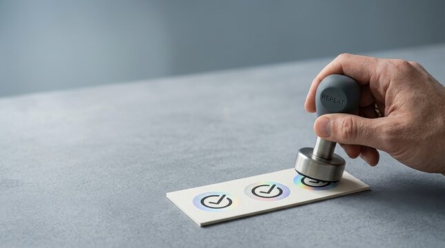 Repeatable startup operations represented by a handheld stamp pressing the same shape onto a strip of cards