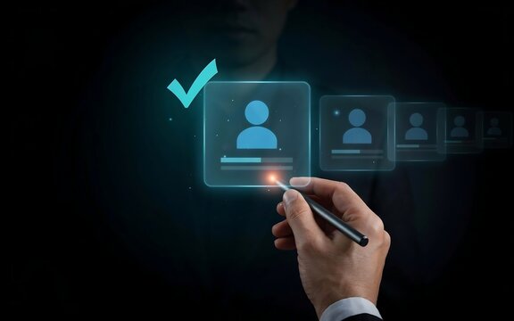 Person using stylus to select candidate profile from digital holographic employee recruitment grid