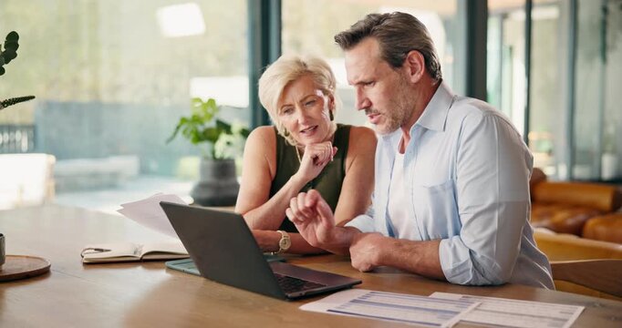 Senior, people and laptop with high five for payment success, retirement savings and paperwork. Happy couple, track online expenses or monitor annuity account with tax refund achievement at home